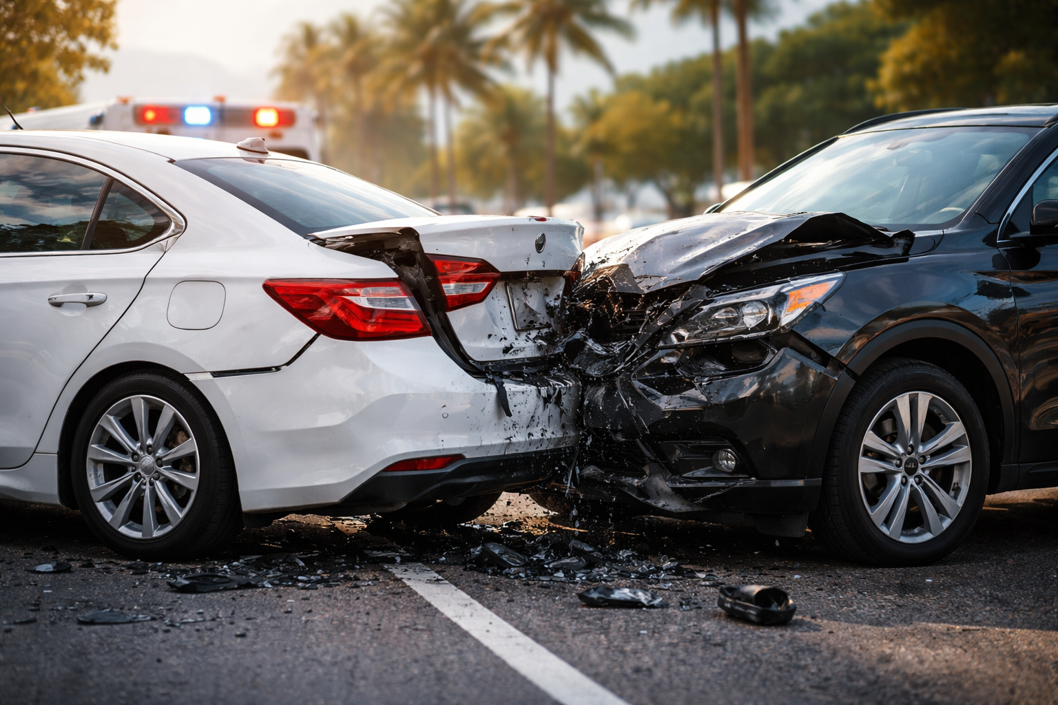 How to handle a rear-end car accident in Florida showing a rear-end collision between two vehicles on a Florida roadway with visible damage and emergency response in the background.